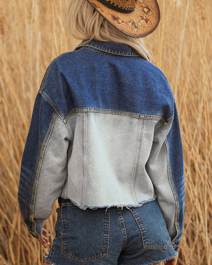 Dusk Blue Color Block Patchwork Flap Detail Distress Denim Jacket