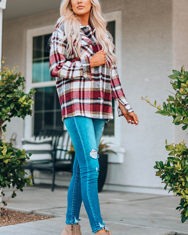 Fiery Red Geometric Plaid Print Pocketed Shacket
