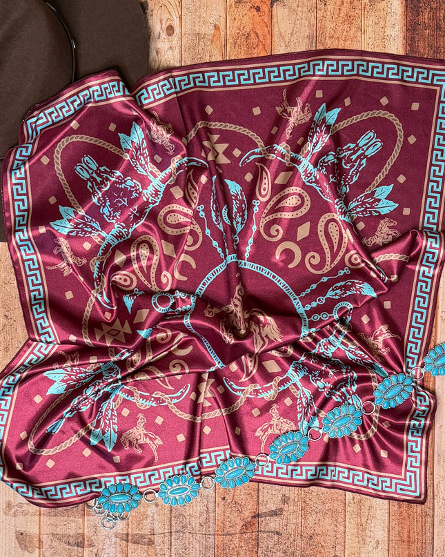 AVS-899 LONGHORN BRONCO PRINT SQUARE SILK WILD RAG 36X36