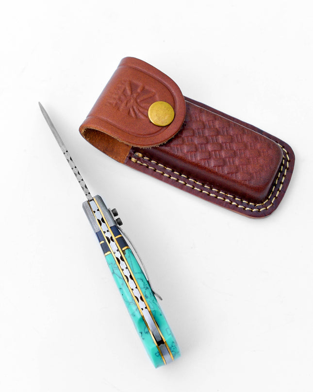 Damascus steel pocket knife Limited Run Turquoise Resin TF-059