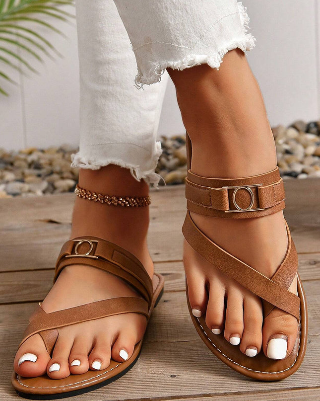 Chestnut Cross Toe Metal Buckle Leathered Flat Slippers