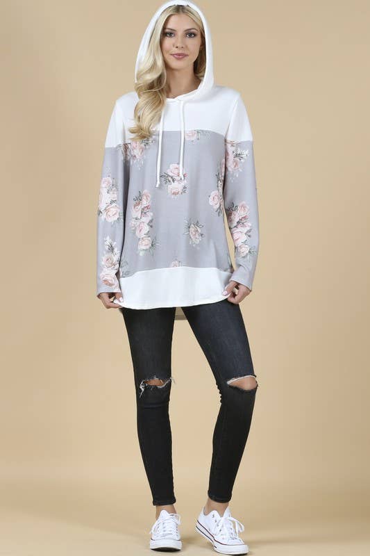 X167-DANA FLORAL PRINT COLOR BLOCK HACCI HOODIE