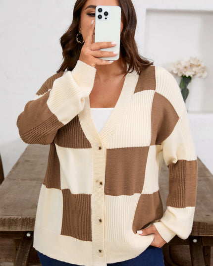 Khaki Checkered Ribbed Texture Knit Plus Size Cardigan Sweater