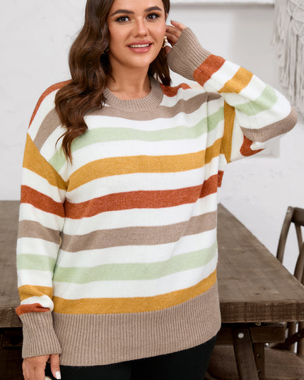 Multicolour Striped Colorblock Drop Shoulder Plus Size Sweater