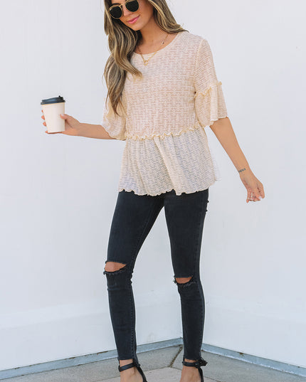 Beige Solid Color Textured Ruffled Short Sleeve Blouse