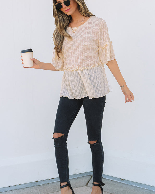 Beige Solid Color Textured Ruffled Short Sleeve Blouse