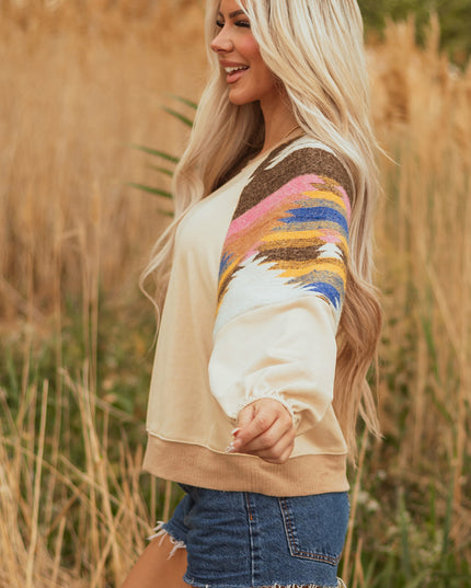 Light French Beige Aztec Patchwork Raglan Pullover Sweatshirt