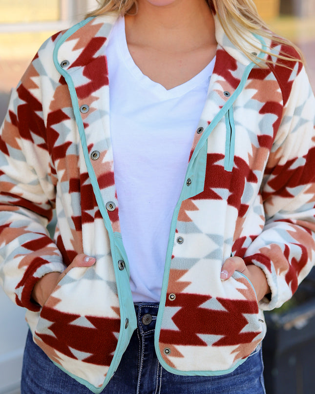 Fiery Red Western Aztec Buttoned Zipper Pockets Fleece Jacket