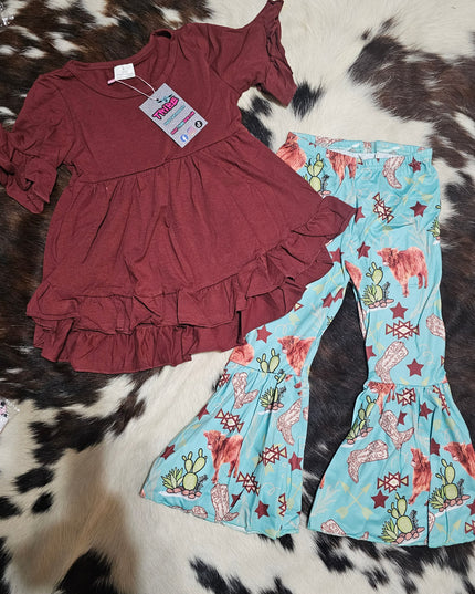 Western Style Maroon Shirt and Cow/Cactus pants