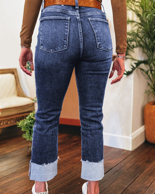 Real Teal Folded Cuffs Distressed Straight High Waist Jeans