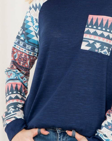 KC013B-SIMONE AZTEC PRINT COLOR BLOCK RAGLAN TOP