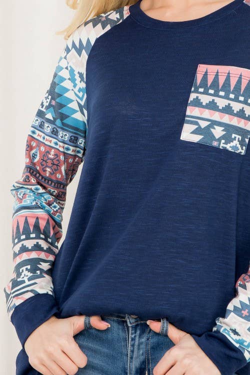 KC013B-SIMONE AZTEC PRINT COLOR BLOCK RAGLAN TOP