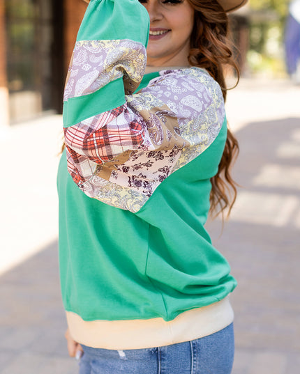 Sky Blue Plus Size Plaid Floral Patchwork Raglan Sleeve Sweatshirt