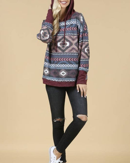 KC020-TANIA AZTEC PRINT COLOR BLOCK HOODIE