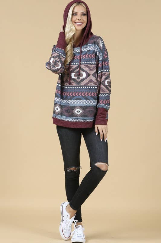 KC020-TANIA AZTEC PRINT COLOR BLOCK HOODIE