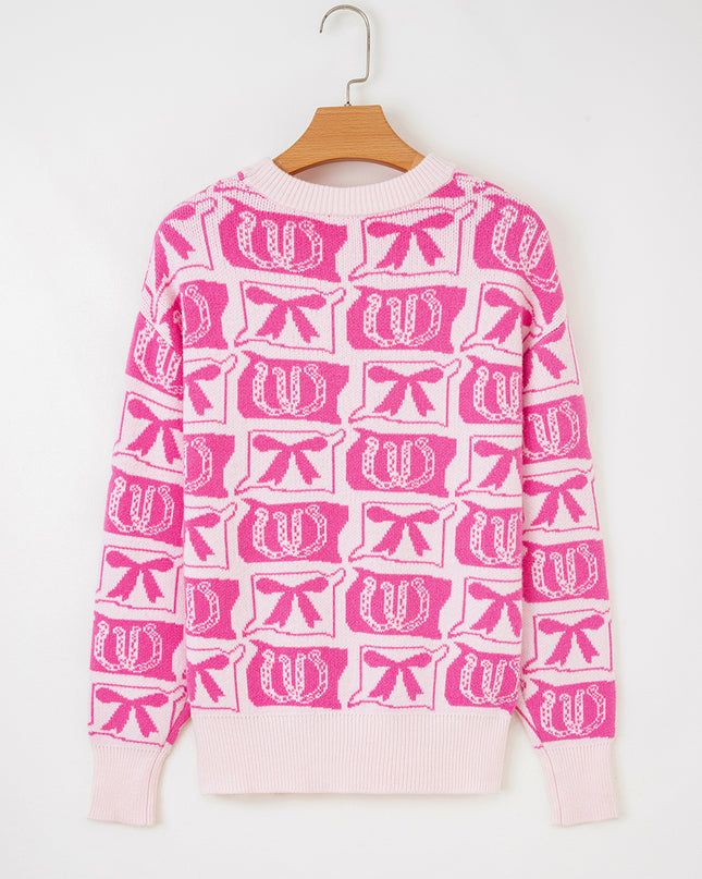 Pink Bows & Horseshoes Pattern Western Fashion Print Sweater