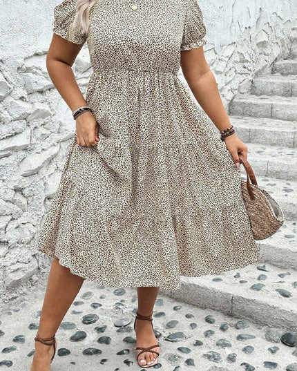 Brown Plus Size Leopard Print Frill Trim Short Sleeve Flared Dress