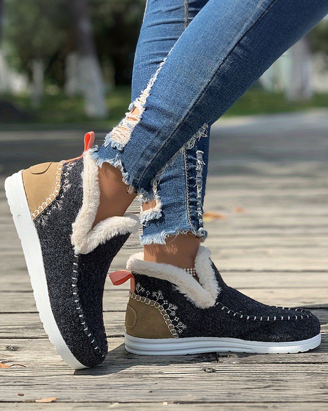 Carbon Grey Suede Stitching Patchwork Plush Lined Anklet Boots