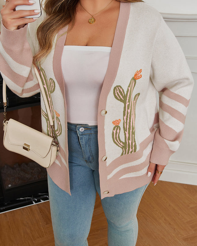 Apricot Western Desert Cactus Print Plus Size Button Cardigan Sweater