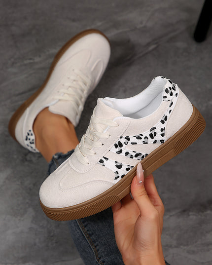 White Suede Leopard Color Block Trim Lace-up Casual Shoes