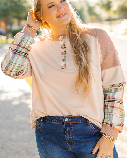 Parchment Plus Size Plaid Patchwork Layered Henley Top