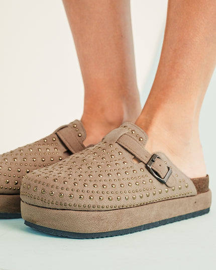 Parchment Rivet Buckle Closed Toe Platform Slippers