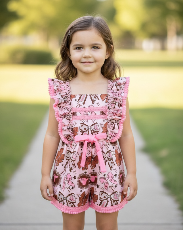 Coquette western bow printed pink & brown girls romper. PNG60128 SOL