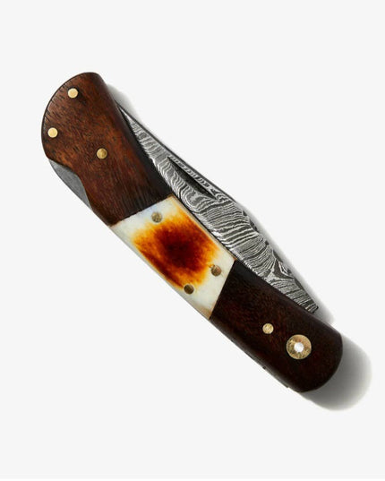 Walnut & Torched Bone Damascus Pocket Knife