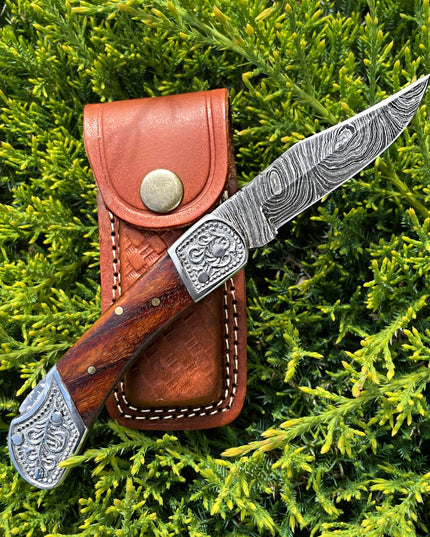 POCKET KNIFE WALNUT WOOD 6.5'' DAMASCUS STEEL KNIFE STEEL BO