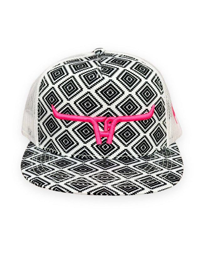 "CA Longhorn" Pink Puff - CA Black Aztec/White Mesh, Snapback Cap (2024)