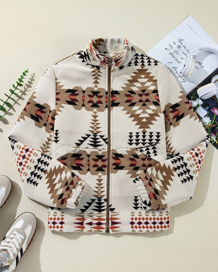 Beige Aztec Printed Stand Neck Zip Up Jacket