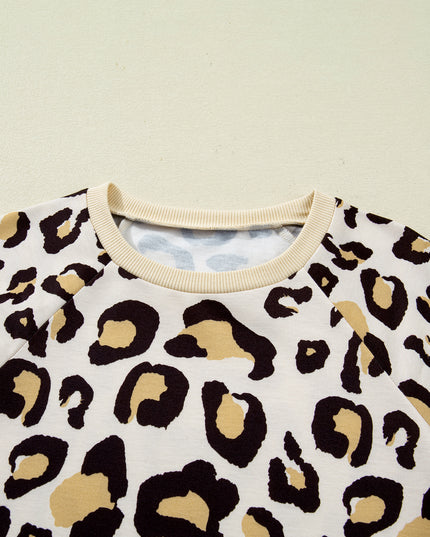 Khaki Leopard Long Sleeve Shift T Shirt Dress with Pockets