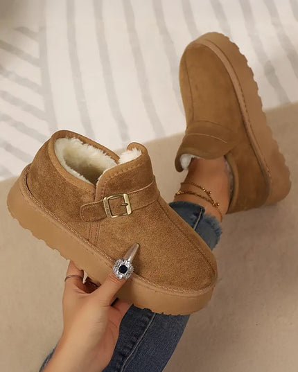 Coffee Buckle Detail Round Toe Platform Cozy Winter Boots