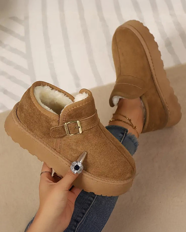 Coffee Buckle Detail Round Toe Platform Cozy Winter Boots