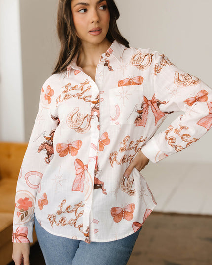 White Rodeo Cowgirl Print Western Button up Shirt