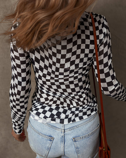 Black Checkered Pattern Mesh Mock Neck Long Sleeve Top