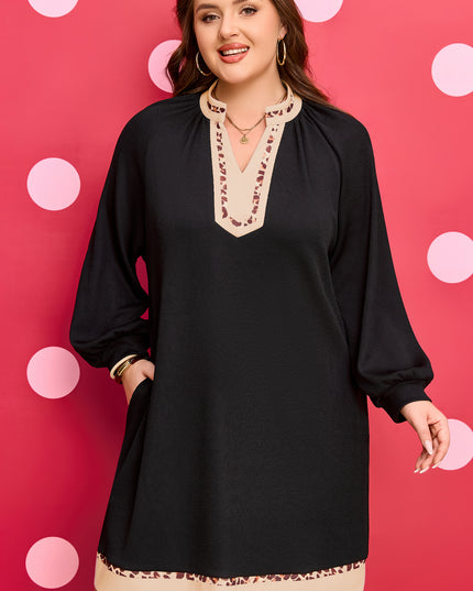 Black Contrast Color Block Leopard Trim Plus Size Ribbed Dress