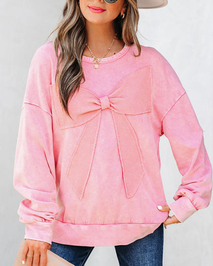Light French Beige Mineral Wash Big Bow Patchwork Pullover Sweatshirt