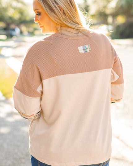 Parchment Plus Size Plaid Patchwork Layered Henley Top
