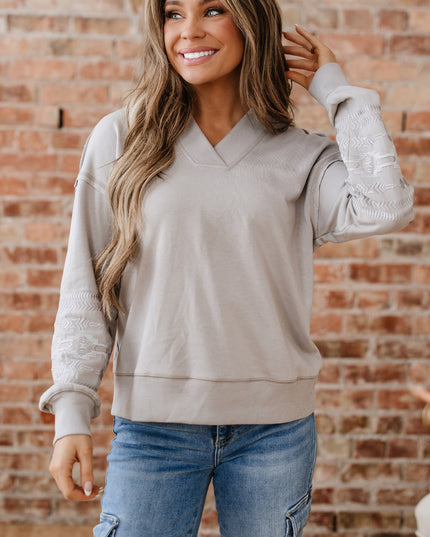 Parchment Aztec Embroidered Western V Neck Sweatshirt