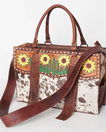 LC-ADBGZ200E Cowhide & Hand-Painted Sunflower Tooled Leather Tote - Western Shoulder Bag with Strap