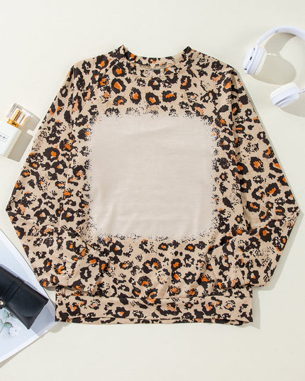 Brown Leopard Bleached Raglan Sleeve Pullover Sweatshirt