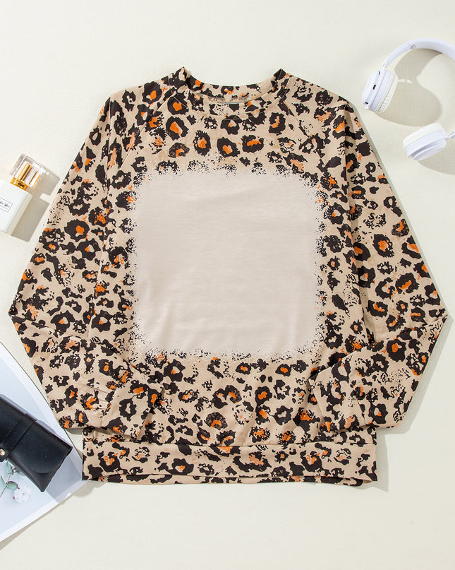 Brown Leopard Bleached Raglan Sleeve Pullover Sweatshirt