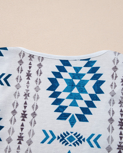 Sky Blue Western Aztec Printed Open Front Long Cardigan