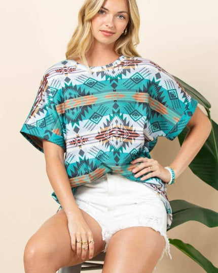 AT1291-MARTHA AZTEC PRINT FOLDED SLEEVE THERMAL TOP