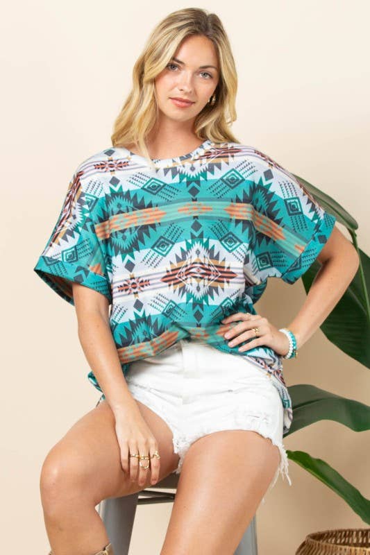 AT1291-MARTHA AZTEC PRINT FOLDED SLEEVE THERMAL TOP
