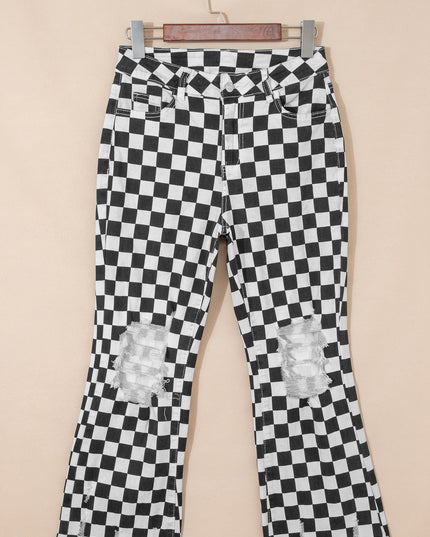 Black Checkerboard Print Distressed Holes Raw Edge Cropped Jeans
