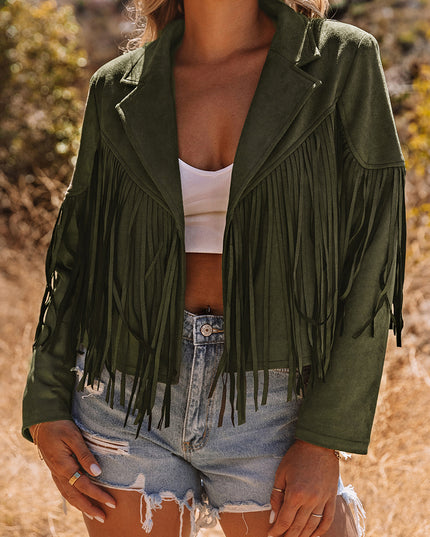 Green Cropped Fringe Faux Suede Jacket