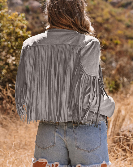 Gray Cropped Fringe Faux Suede Jacket