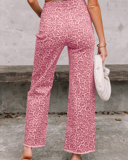 Rose Leopard Frayed Edge Wide Leg High Waist Jeans
